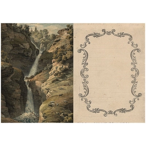 Details von Vintage-Scrapbooking-Papier mit klassischer Landschaftskunst und Barock-Bordüren