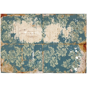 Close-up of vintage blue damask floral pattern on aged decorative collage paper