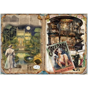 Detail of vintage 1920s jazz style decorative paper with charred edges and retro art prints