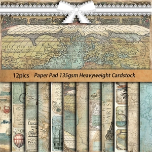 12 sheets of vintage world travel scrapbook paper with retro maps and Eiffel Tower designs