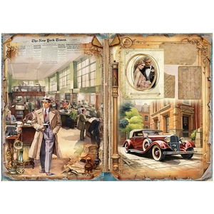 Detail of vintage scrapbooking paper with retro ladies, old newspaper and classic car