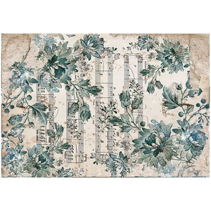 Detail of vintage blue floral patterns and music sheet notation on scrapbook paper