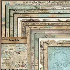 Detailed view of 12 sheets retro world travel scrapbook paper with vintage maps and motifs
