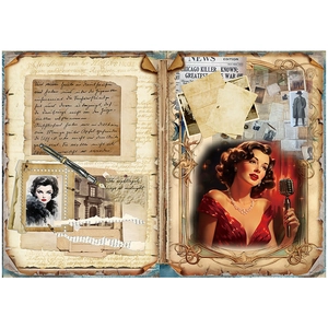 Close-up of vintage collage paper featuring a retro female singer and aged newsprint texture