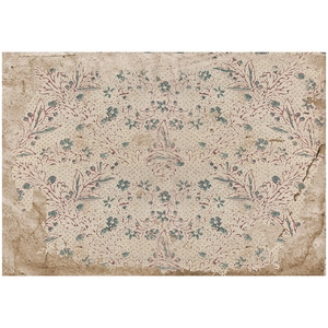Close-up of vintage blue floral scrapbooking paper with distressed edges and symmetry