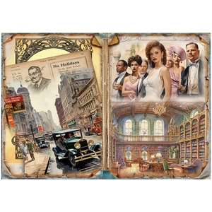 Macro detail of vintage Victorian aesthetic scrapbooking paper with retro city scenes