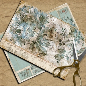 Detailed view of vintage scrapbook paper featuring blue floral patterns and French script
