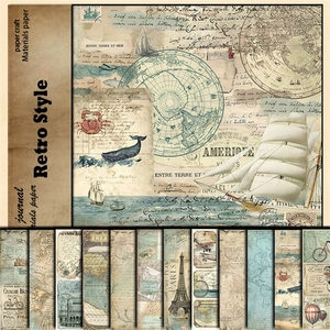 Retro world travel paper set with maps and vintage nautical illustrations for DIY collage