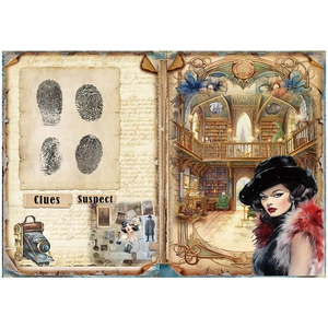 Macro view of vintage detective scrapbook paper with fingerprint and detective illustrations