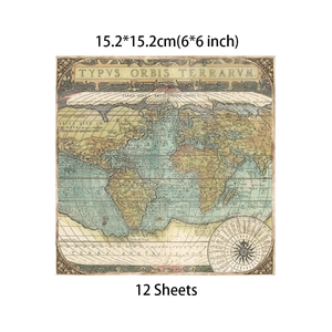 Detail showing vintage world map collage paper set for DIY scrapbooking with 6x6 inch size