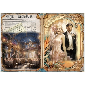 Detailed close-up of vintage aesthetic paper showing retro newspaper layout and gold frames