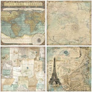Close-up of vintage world maps and retro Parisian scrapbooking paper textures
