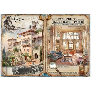 Detail of vintage junk journal paper featuring Victorian architecture and classic cars