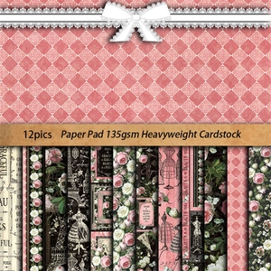 12-pack vintage scrapbook paper set with 135gsm floral and Eiffel Tower designs