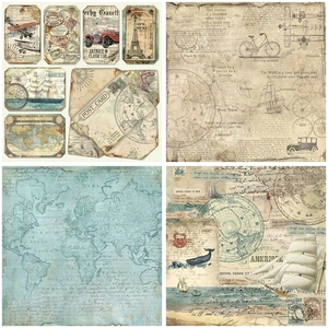 Detail view of four vintage world travel scrapbook paper styles with nautical and map themes