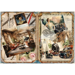 Close-up of vintage collage paper featuring retro portraits, flowers, and classic cars