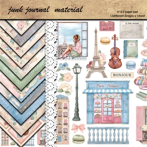 12 Sheets French Retro Girl Diary Scrapbooking Material Paper Pack Vintage Eiffel Tower Floral Decorative Cardstock For DIY Junk Journal Handcraft Paper Pad