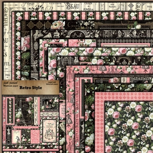 Macro detail of 12 retro floral junk journal papers with rose and tower designs