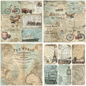 12 sheets of vintage around the world scrapbooking paper with retro travel maps and landmarks