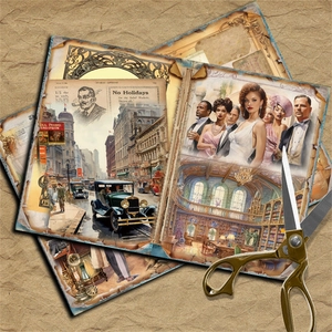 Detailed view of vintage junk journal scrapbooking paper with retro city and portrait motifs