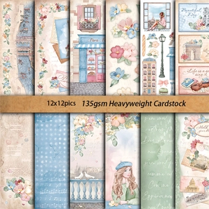 12-sheet vintage scrapbooking paper set with floral and Paris motifs for DIY crafts