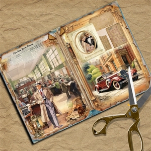 Macro shot of vintage style scrapbook paper with 1920s illustrations and retro golden scissors