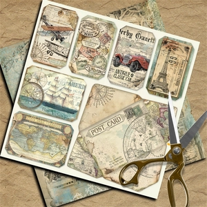 Detail of vintage world travel scrapbook paper with retro cars, maps, and paper tags