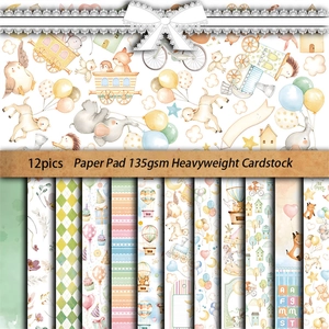 Set of 12 vintage storybook scrapbooking papers featuring cute animals and floral motifs