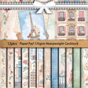12-pack 135gsm vintage aesthetic scrapbook paper with Eiffel Tower and floral patterns