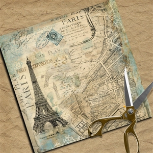 Detail of vintage French style collage paper with Eiffel Tower, map and retro stamps