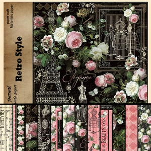 Close-up of vintage paper craft sheets with floral patterns and retro Eiffel Tower designs