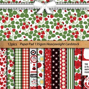 Set of 12 vintage ladybug and strawberry scrapbook papers for DIY craft and journaling