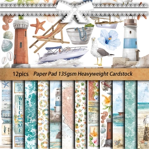 12 sheets of vintage nautical summer beach scrapbooking paper for DIY collage