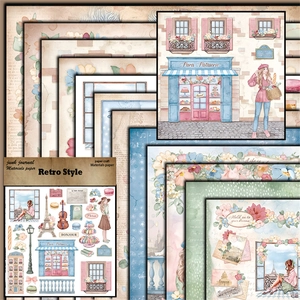Close-up of vintage collage paper set with retro Paris scenes and floral junk journal designs