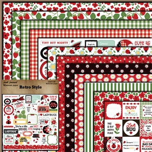 Flat lay of vintage ladybug scrapbooking paper with strawberry and daisy motifs