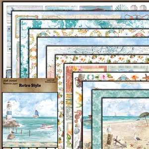 Detail of vintage summer breeze junk journal papers featuring nautical lighthouse patterns