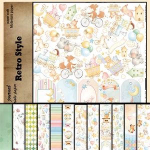 Detail showing 12 designs of vintage scrapbook paper with animal and watercolor motifs