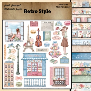 12 sheets of retro Paris style junk journal paper with Eiffel Tower and violin patterns