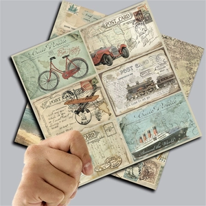 Detailed view of vintage world travel scrapbooking paper with retro transport illustrations