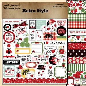 Retro ladybug junk journal material paper set with vintage strawberry collage patterns