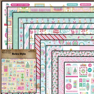 Makroansicht von Retro-Weihnachtspapier für Scrapbooking mit Nussknacker- und Baum-Motiven