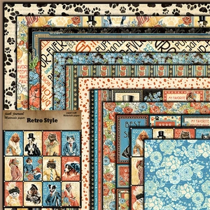 Detailed layered vintage junk journal paper sheets with retro floral and pet cat motifs