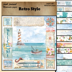 Retro vintage nautical scrapbooking paper kit featuring lighthouse and sailing boat motifs