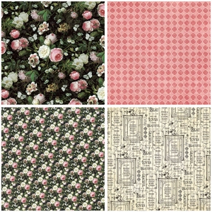 Close-up of vintage aesthetic paper patterns with roses, butterflies and script