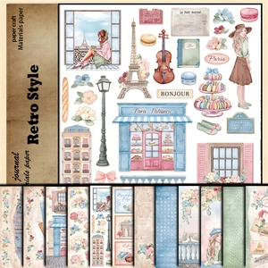 Detail of vintage Paris scrapbooking paper featuring Eiffel Tower and retro illustrations