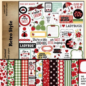 Macro detail of ladybug themed scrapbook paper stickers and vintage daisy collage sheets