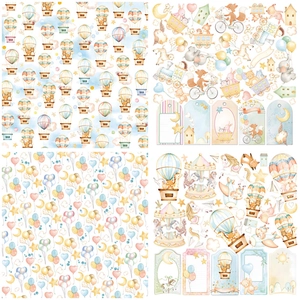 Detailed view of vintage watercolor scrapbooking paper with carousel and hot air balloon patterns