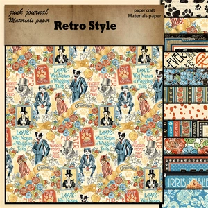 12 sheets of vintage scrapbook paper featuring retro floral and suited dog designs