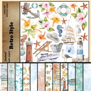 Macro detail of nautical scrapbooking paper with lighthouse and anchor illustrations