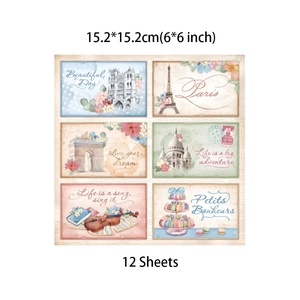 Detail of 6x6 inch vintage scrapbooking paper with Eiffel Tower and violin patterns